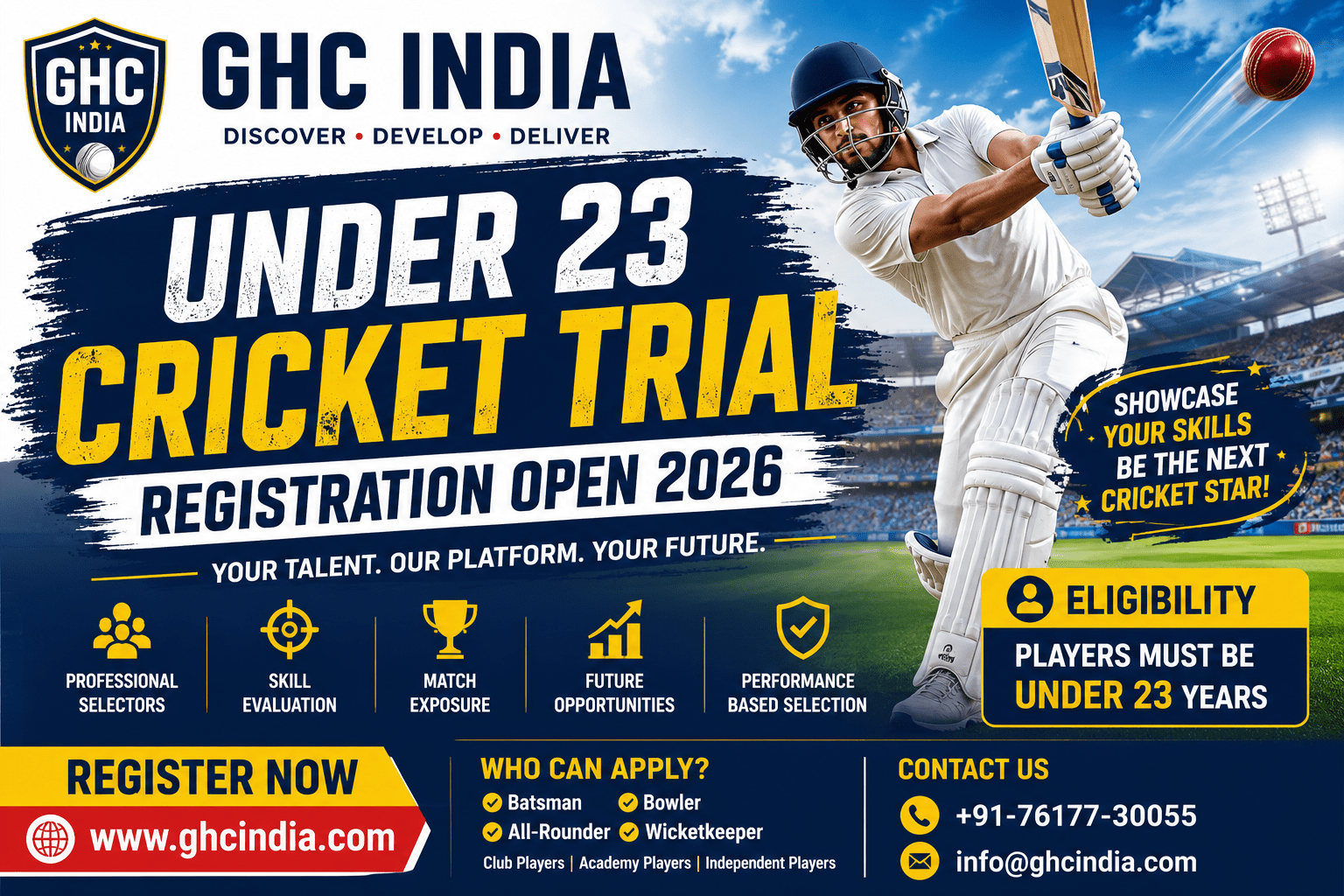 Under 23 Cricket Trial Registration GHC India 2026